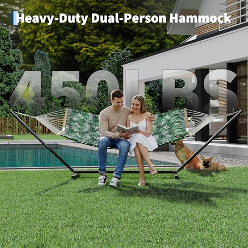 2 Person Double Hammock with Adjustable Steel Stand & Pillow, Heavy Duty Portable Outdoor Hammock Set, MAX 450 LBS Weight Capacity for Patio, Garden, Beach, Backyard - color: V-banana Leaf Green