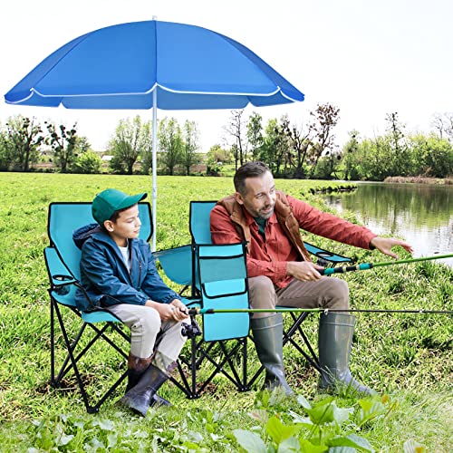 COSTWAY Double Portable Picnic Chairs, Folding Camping Chairs w/Detachable Umbrella, Cooler Bag, Cup Holders, Patio Beach Camping Chairs for Outdoors - color: Turquoise