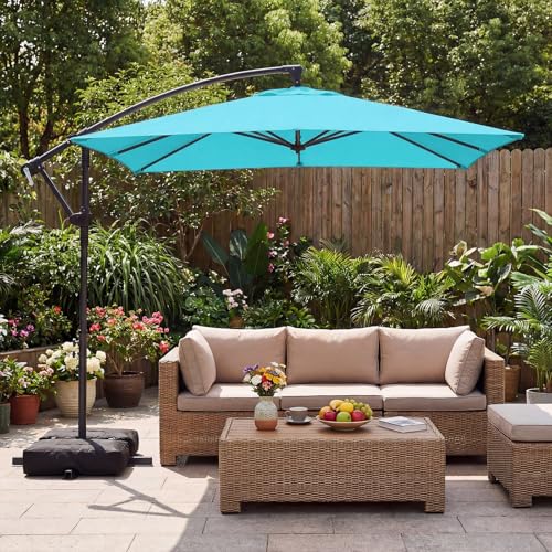 Tangkula 8x8 FT Patio Umbrella with Base Included, Square Offset Cantilever Outdoor Umbrella with 360 Degree Rotation, Crank Handle, Sandbags, 8 Ribs for Pool Deck Garden Backyard - color: Turquoise, size: 8 FT