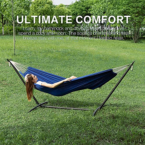 PNAEUT Double Hammocks with Stand for Outside, Portable Space Saving Heavy-Duty Steel Stand for Indoor Outdoor Patio with Carrying Bag, 450 lbs Capacity (Navy) - color: Navy