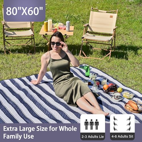HX&OD Outdoor Picnic Blanket Extra Large, 80''*60'' Waterproof Picnic Mat with Stakes Foldable Camping Blanket Portable with Carry Strap for Beach Mat (Green& White, 80''*60'') - color: Blue& White, size: 5' x 6'8" (Rectangular)