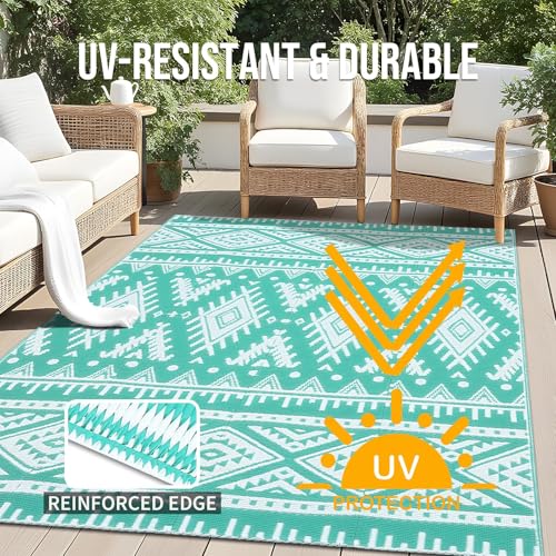 OLANLY Outdoor Rug Waterproof 4x6 ft, Reversible Outdoor Plastic Straw Rug, Boho Patio Rug, Indoor Outdoor Carpet, RV Mat Outside for Patio, Camp, Picnic, Balcony, Deck, Backyard, Turquoise & White - color: Turquoise & White, size: 4' X 6' (Rectangular)