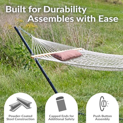 Sunnydaze Rope Hammock with Stand for Outside - Heavy Duty Freestanding Portable Outdoor Hammock Set with Quilted Pad, Pillow, and 12-Foot Steel Frame - 275 lb Capacity - Desert Stripe - color: Desert Stripe