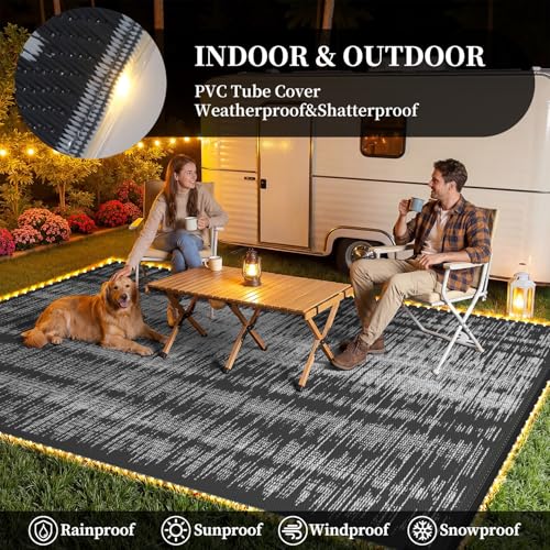 MontVoo Outdoor Rug Waterproof 6x9 ft with Strip Lights Outdoor Patio Rug Mat Reversible Plastic Straw Rug Outside Outdoor Rug for RV Camping Picnic Balcony Backyard - color: Grey Lighted, size: 6' X 9' (Rectangular)