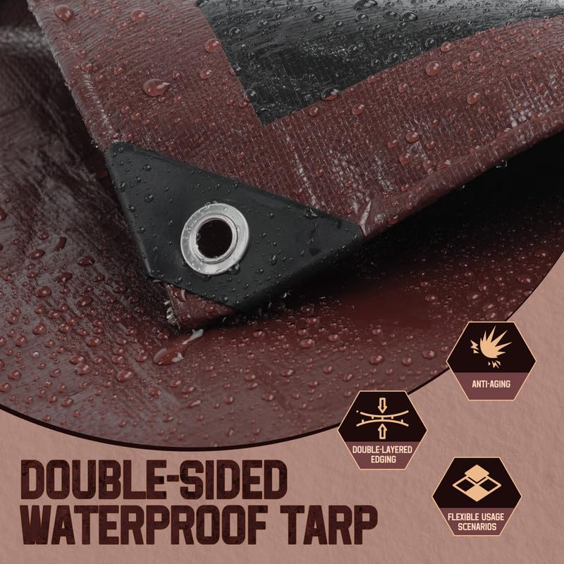 8x10 FT 8 Mil Tarp Waterproof, UV Resistant & Rip Tear Resistant Reversible Poly Tarps with Grommets, Multipurpose for Home, Outdoor Furniture, Cars, Plants & Garden - color: Brown, size: 8x10