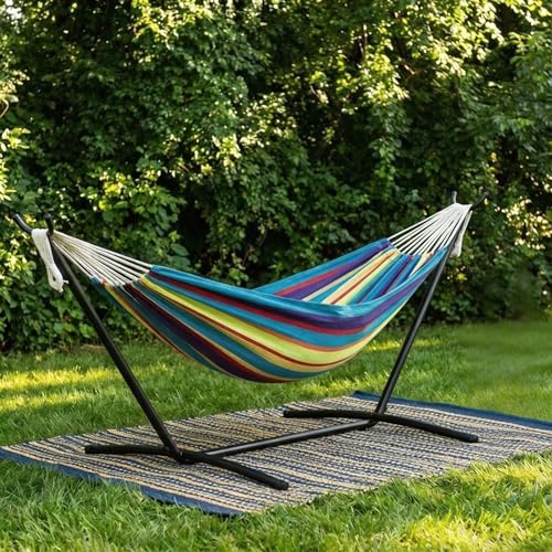 Double Hammock with Steel Stand - 2 Person Hammock Bed Indoor Outdoor, Brazilian-Style, with Carry Bag, 450lb Capacity, Portable & Easy Assembly, Tropical - color: Tropical