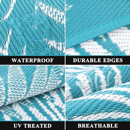 Pauwer Waterproof Outdoor Rug 6x9, Reversible Plastic Straw Patio Camping Rug, Indoor Outdoor RV Mat Carpet for Deck, Camper, Porch, Balcony, Backyard, Picnic, Leaf Teal - color: Leaf Teal, size: 6' x 9' (Rectangular)