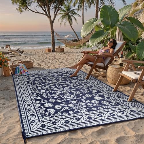 PureCozy Outdoor Waterproof 6x9 Plastic Straw Patio Rug Navy Blue Reversible for Outside Vintage Oriental Carpet Lightweight Large Rug for RV Deck Beach Balcony Picnic Backyard Entry Porch - color: Navy Blue, size: 6' x 9' (Rectangular)