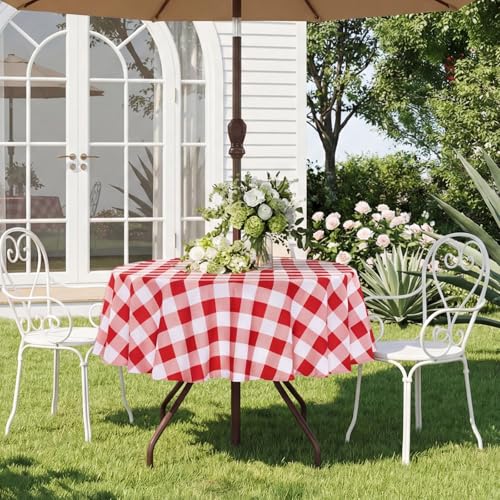 SquarePie Round Outdoor Tablecloth with Umbrella Hole - 60 Inch Water Resistant & Spillproof Table Cloth,Zipped Patio Picnic Table Cover for Camping/Picnic/BBQs/Backyard,Red Checkered - color: Red Checkered, size: 60" (Round)