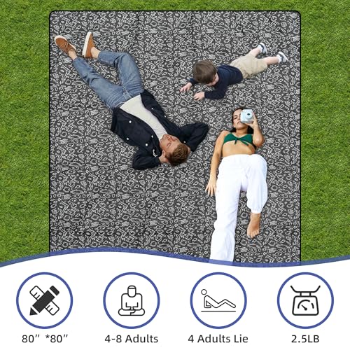 Outdoor Picnic Blanket Black Fish 80"x80" Large Sandproof Beach Blanket Waterproof Picnic Blankets Foldable for Caming, Beach, Outdoor Activities. - color: W-black Fish, size: 80"x80"
