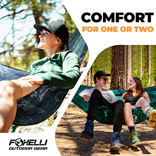 Foxelli Camping Hammock – Ultralight Hammock for Backpacking, Hiking, Festivals, Travel - Easy Setup with Tree-Friendly Ropes & Steel Carabiners, Heavy Duty Parachute Nylon - color: Adventures Green