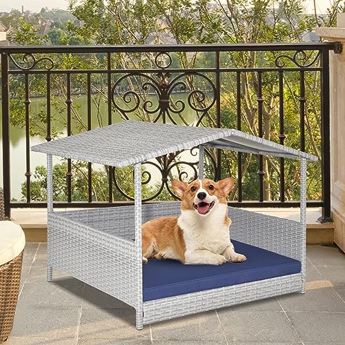Giantex Wicker Dog House, Raised Rattan Dog Bed with Waterproof Roof, Washable Cushion Cover, Steel Frame, Indoor Outdoor Elevated Dog Bed Pet House for Small Medium Dogs Cats, Easy Assembly - style: Light Gray House & Navy Cushion