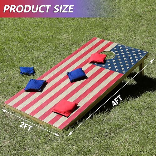 Solid Wood Cornhole Board Set, 4x2ft Regulation Cornhole Game Set with 8 Bean Bags and 2 Cornhole Boards, Premium Corn Hole Game for Adults and Family - style: 4*2 American Flag