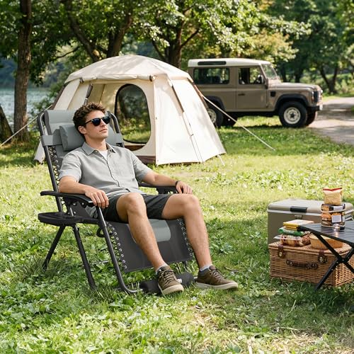 Amopatio Oversized Zero Gravity Chair XL Folding Outdoor Lounge Reclining Patio Chair with Tray/Footrest/Headrest for Camping Sunbathing Relaxing Reading，Support 500LBS - color: Gray-black, style: 29in-2pcs