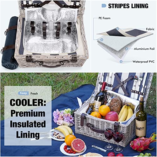 Picnic Basket Sets for 4 Persons with Insulation Layer,Waterproof Picnic Blanket, Tableware for Family,Party,Outdoor Living,Camping - color: Grayish White Color for 4 Persons