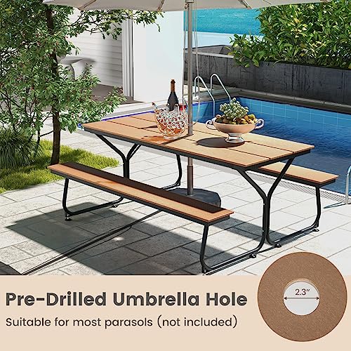 Giantex 6 FT Outdoor Picnic Table Bench Set for 6-8 People, 2400 LBS Capacity Patio Dining Table & 2 Benches with Metal Frame & HDPE, Balcony Conversation Set for Poolside Deck Garden (Brown) - color: Brown