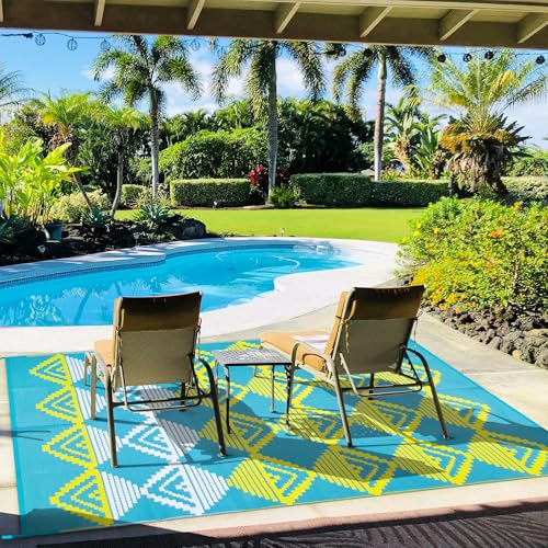 Lahome Outdoor Plastic Straw Rug, Reversible Outdoor Rug Waterproof 6x9 Patio Rugs, Camping Rugs for RV Backyard Deck Porch Picnic Beach Trailer (Blue/Yellow, 6' x 9') - color: Blue/Yellow/Checkered, size: 6'x9'