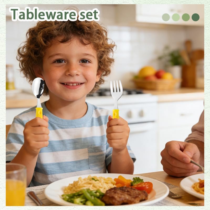 Practical Spoon and Fork Utensils Set for Son Daughter Stainless Steel Silverware Set with Forks and Spoons Safe Flatware Cutlery Set with Cute Pattern Reusable Cutlery Kit with Easy-Grip Handles - color: Yellow