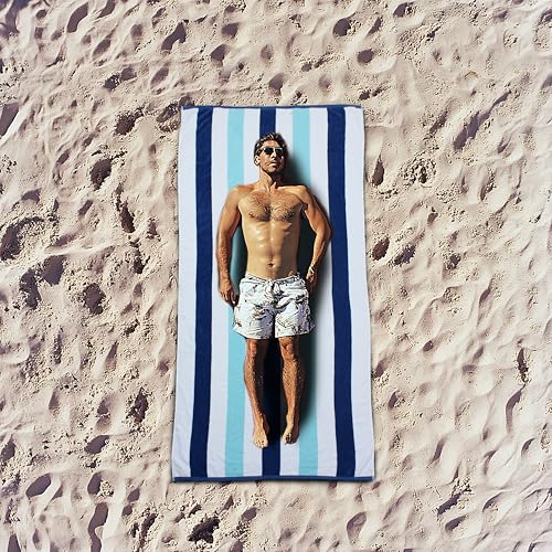 COTTON CRAFT Oversized Beach Towels - 2 Pack XXL 35x84 - The Big Kahuna 7 Foot Extra Large Beach Blanket Towel - Big & Tall - Huge 100% Cotton Velour Plush Soft Luxury Towel - Cabana Stripe Blue - color: Ocean Blue, size: 2 Pack - 35x84