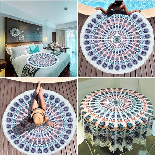 Violet Mist Purple Mandala Round Beach Blanket 60" Hippie Boho Microfibre Beach Towel Throw with Fringe Large Sand Free Circle Beach Blanket with Tassels for Women Travel Swimming Pool Picnic Towel - color: Mandala