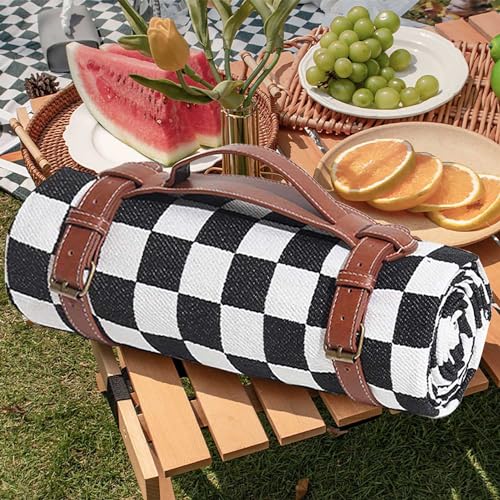 Modern Checkered Picnic Mat,Foldable Waterproof Sandproof Beach Blanket for Camping Hiking Outdoor Activities Lightweight Thin Ground Sheet for Travel Accessories,Black,150x150cm/60 x60 - color: Black, size: 5' x 5' (Square)