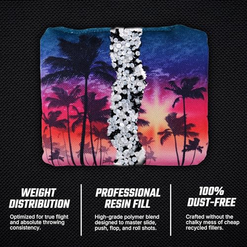 Professional Cornhole Bags Set of 8 - Dual Sided Stick & Slide (Suede/Woven) - Premium Resin Filled Regulation Weight & Size (6x6, 16oz) - Double Stitched Reinforced Seams with Carry Tote - color: Tropical Sunset