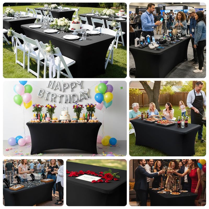 1 Pack 8FT Rectangular Spandex Tablecloth,Wrinkle Resistant Fitted Cover for 96x30 inch Banquet Table Cloth, Washable Stretch Fabric for Party, Events, Wedding, Vendor - Black - color: 8ft-black