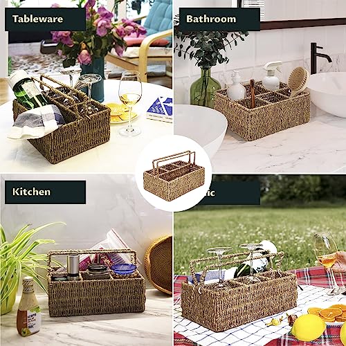 PEMAR Large L-Sized Hand Woven Utensil Caddy Carrier, Natural Jute Wicker Condiment Holder for Table, Kitchen Set Counter Top Silverware Organizer, Rustic Storage for Forks, Spoons, Seagrass