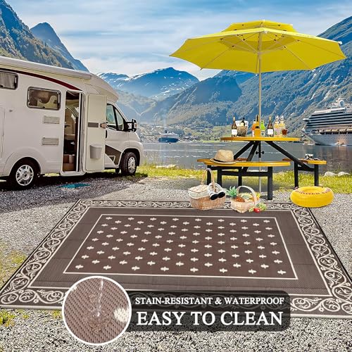 Pauwer Waterproof Outdoor Rug 8x10, Reversible Plastic Straw Patio Camping Rug, Indoor Outdoor RV Mat Carpet for Deck, Camper, Porch, Balcony, Backyard, Picnic, Bordered Brown - color: Bordered Brown, size: 8' x 10' (Rectangular)