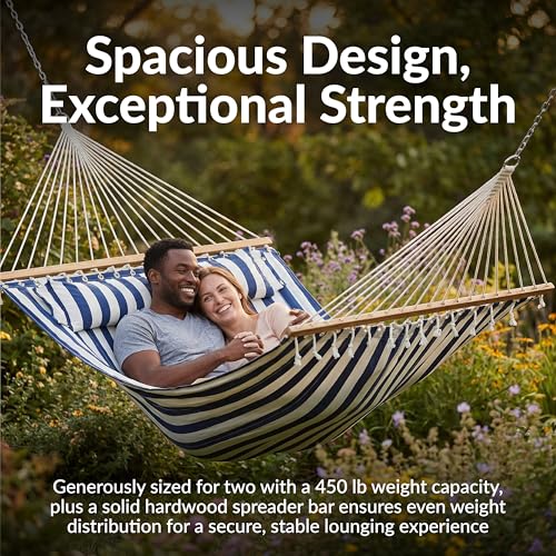 Sunnydaze Quilted Double Hammock for Outside with Spreader Bars and Pillow - 450 lb Capacity, 74x55 Inch Bed, UV Resistant, Quick Dry - Chains Included, Stand Sold Separately - Blue & White Stripe - color: Blue/White Stripe