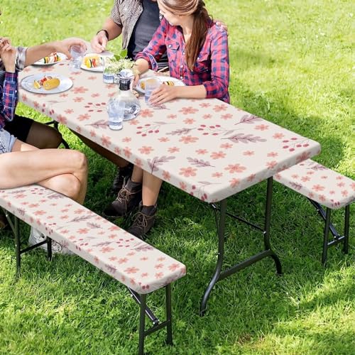 Picnic Table Cover for Outdoor BBQ Camping Floral Leave Elastic Picnic Table Cover with Bench Covers for Camping Party Supplies - color: Floral Leave, size: Small