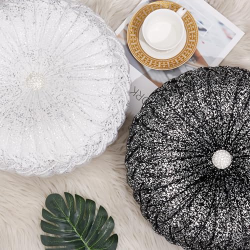 EUCIOR Round Throw Pillows,White and Silver Throw Pillows,White Decorative Pillow,Pumpkin Pleated Handmade Round Velvet Decorative Pillow for Sofa Bedroom Livingroom - color: Velvet-silver-whte