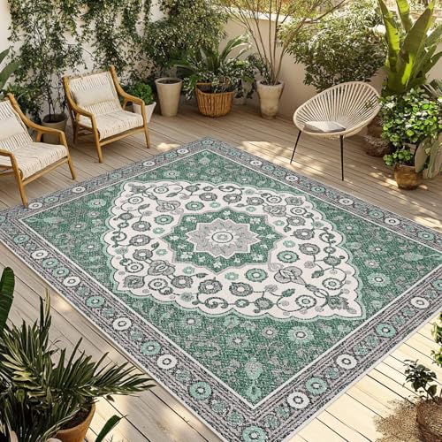 Outdoor Rug 5x8ft, Boho Ethnic Abstract Flower Indoor Area Rug for Patio Backyard Deck Large Floor Mat, Traditional Gray Green Theme Non-Slip Outside Carpet Balcony Porch Camping Rugs Picnic Mat - color: Green, size: 5' x 8' (Rectangular)