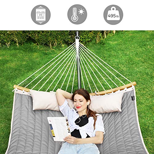 SONGMICS Hammock, Quilted Hammock with Curved Bamboo Spreaders, Pillow, 78.7 x 55.1 Inches, Portable Padded Hammock Holds up to 495 lb, Gray and Beige UGDC34CG - color: Gray + Beige