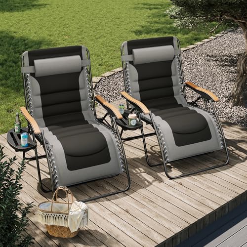 PHI VILLA XXL Oversized Padded Zero Gravity Chair Set of 2, Foldable Patio Recliner, 30" Wide Seat Anti Gravity Lounger with Armrest and Cup Holder, Support 400 LBS (Grey) - color: Grey, style: 2 Pcs