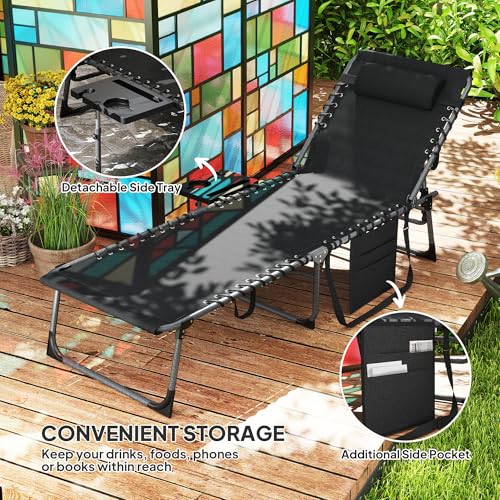 Outsunny Folding Chaise Lounge Chair Outdoor Tanning Chair with Side Table, 5-Level Adjustable Beach Lounge Chair with Headrest, Side Pocket for Patio, Backyard, Beach, Poolside, Black - color: Black