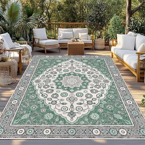 Outdoor Rug 4x6ft, Boho Ethnic Abstract Flower Indoor Area Rug for Patio Backyard Deck Large Floor Mat, Traditional Gray Green Theme Non-Slip Outside Carpet Balcony Porch Camping Rugs Picnic Mat - color: Green, size: 4' x 6' (Rectangular)