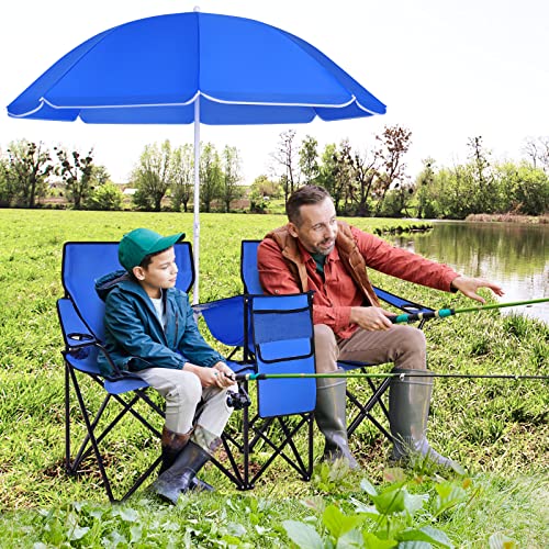 COSTWAY Double Portable Picnic Chairs, Folding Camping Chairs w/Detachable Umbrella, Cooler Bag, Cup Holders, Patio Beach Camping Chairs for Outdoors, Blue - color: Blue