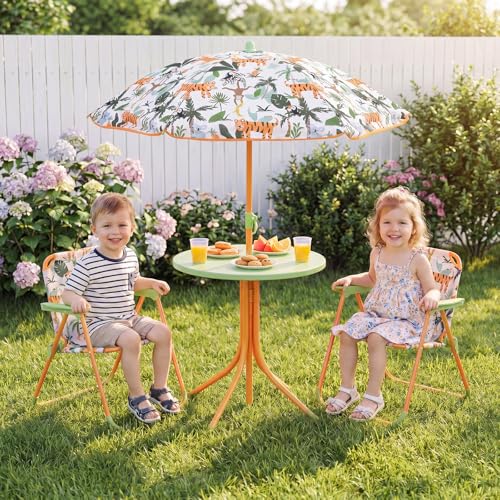 Costzon Kids Picnic Table, Kids Outdoor Table with 2 Folding Chairs, Height Adjustable Umbrella, Portable Children Outdoor Furniture for Patio, Garden, Backyard (Yellow Forest) - color: Yellow Forest