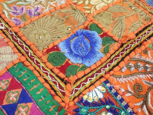 Mam Treasures Indian Bohemian Decorative Pillow Vintage Cushion Cover Patchwork Square Floor Pillow Cover Meditation Cushion Large Floor Pillow Indian Cushion (Orange, 16 X 16 X 5 Inch) - color: Orange, size: 16" x 16" (Pack of 1)