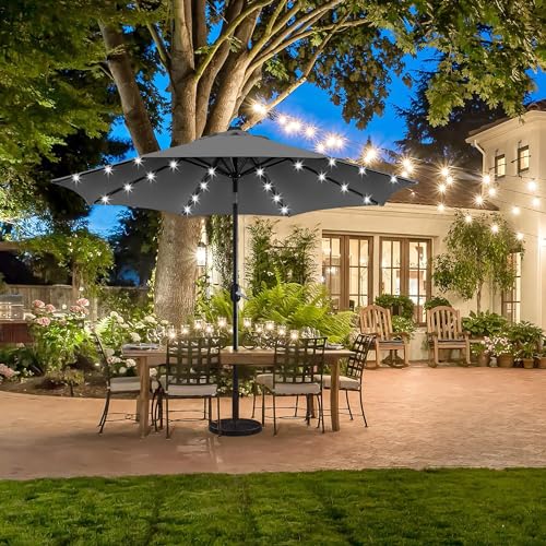 Yaheetech 9FT Solar Powered Patio Umbrella - UV Protection Market Table Umbrella w/ 32 LED Lights & Push Button Tilt & Crank Lift System for Garden/Lawn/Deck/Backyard/Pool, Gray - color: Gray, size: 9ft
