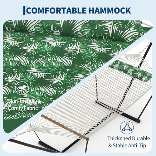 2 Person Outdoor Hammock with Stand, Person Cotton Rope Hammock with Polyester Pad, Portable Hammock with Carrying Bag, for Patio, Garden, Beach, Backyard Camping - color: Green
