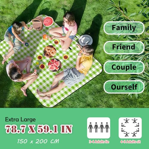 CUNCUI Picnic Camping Blankets, 3 Layers Thick Soft Gingham Blanket, Large 59X79IN Foldable Waterproof Rug, Portable Outdoor Mat for Beach Grass Hiking Park Travel, Sandproof, Machine Washable-Green - color: Green