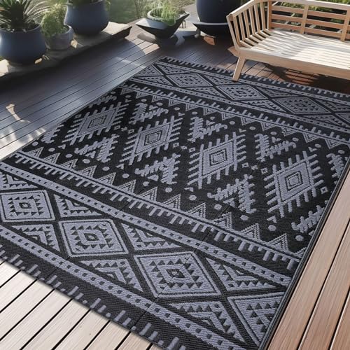 OLANLY Outdoor Rug Waterproof 5x8 ft, Reversible Outdoor Plastic Straw Rug, Boho Patio Rug, Indoor Outdoor Carpet, RV Mat Outside for Patio, Camp, Picnic, Balcony, Deck, Backyard, Black & Grey - color: Black & Grey, size: 5' X 8' (Rectangular)