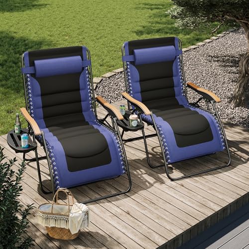 PHI VILLA XXL Oversized Padded Zero Gravity Chair Set of 2, Foldable Patio Recliner, 30" Wide Seat Anti Gravity Lounger with Armrest and Cup Holder, Support 400 LBS (Navy Blue) - color: Navy Blue, style: 2 Pcs