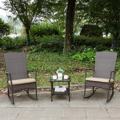 Outdoor Rocking Chair 3 Pieces High-Backed Rocking Chair Patio Rocking Chairs Outdoor Table, Khaki - color: Khaki