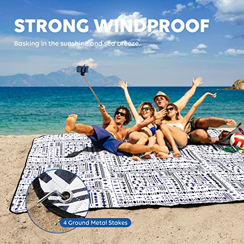 ZAZE Picnic Blankets Beach Blanket with Stakes, Thick 3-Layer Waterproof Sandproof 80 * 80 Oversized Mat, Foldable Extra Large Big, Machine Washable Accessories for Outdoor Camping Park (Black Blue) - color: Black Blue With Stake