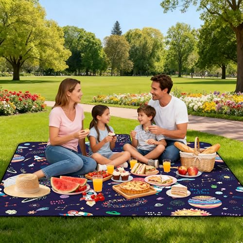 Extra Large Picnic Blanket Waterproof,80"x 80"Foldable Machine Washable Beach Blanket,Outdoor Blanket for 6-8 Adults,Suitable for Indoor Crawling,Park Beach,Camping,Hiking,Family Travel(Starry sky) - color: Blue Cosmic, size: 6'8" x 6'8" (Square)