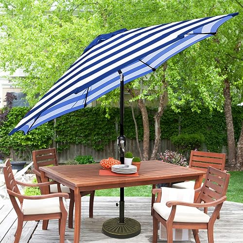 Blissun 9' Outdoor Patio Umbrella, Outdoor Table Umbrella, Yard Umbrella, Market Umbrella with 8 Sturdy Ribs, Push Button Tilt and Crank - color: Blue & White Stripe