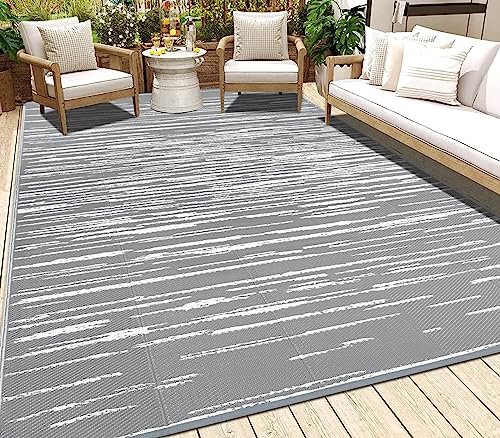 HEBE Outdoor Rug 4'x6' for Patios Clearance Waterproof Patio Mat Plastic Straw Rug Reversible RV Camping Tent Rug Outside Indoor Outdoor Area Rugs for RV,Deck,Beach,Balcony,Camper - color: Stripe/Grey, size: 4' x 6' (Rectangular)